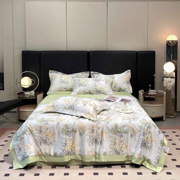 Printed Tencel Summer Quilt 4-Piece Set - Cooling Ice Silk for Naked Sleep, Smooth Gift Quilt