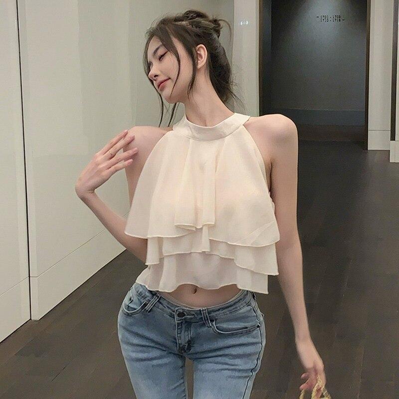 

Блузка-холтер Женские топы из шифона с оборками Однотонная женская майка без рукавов Корейская версия