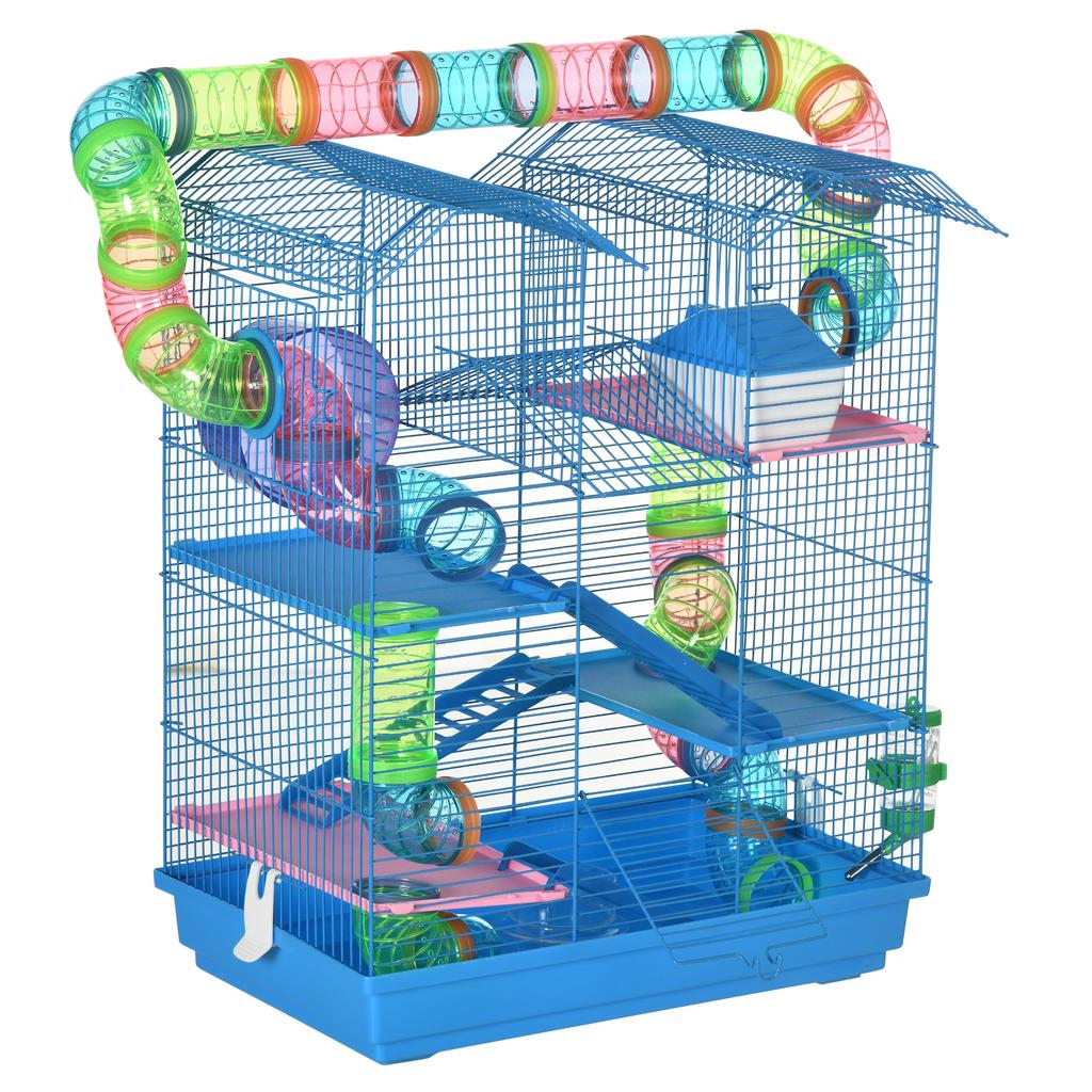 Hamster Cage, 5 Tier Carrier Habitat with Exercise Wheels Tunnel Tube Water Bottle Dishes House Ladder, Gerbil Cage for Dwarf Mice, Blue