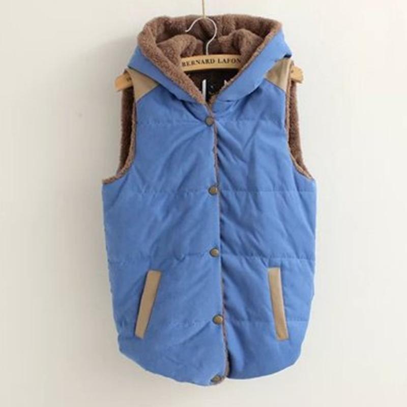 Women Coat Vest Coral Cotton Leather Fleece Hooded Patchwork for Female Outerwear Waistcoat