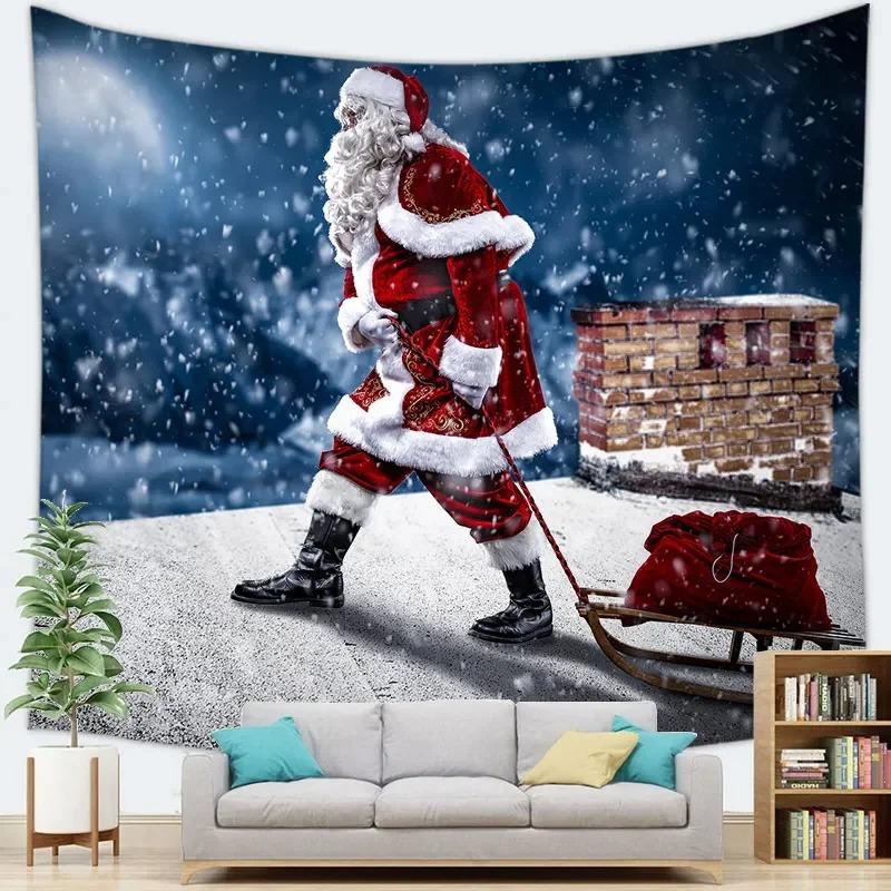 Cartoon Santa Claus Pattern Tapestry Home Bedroom Living Room Wall Decoration Christmas Theme Tapestry