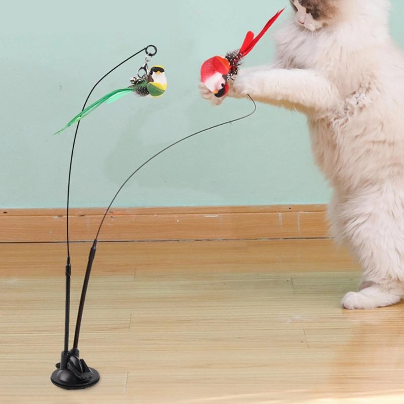 Cats Play Teaser Toy Station With Double Rod Feathered Swirls Colorful Birds Accessories And Suction Cup Mechanism Set