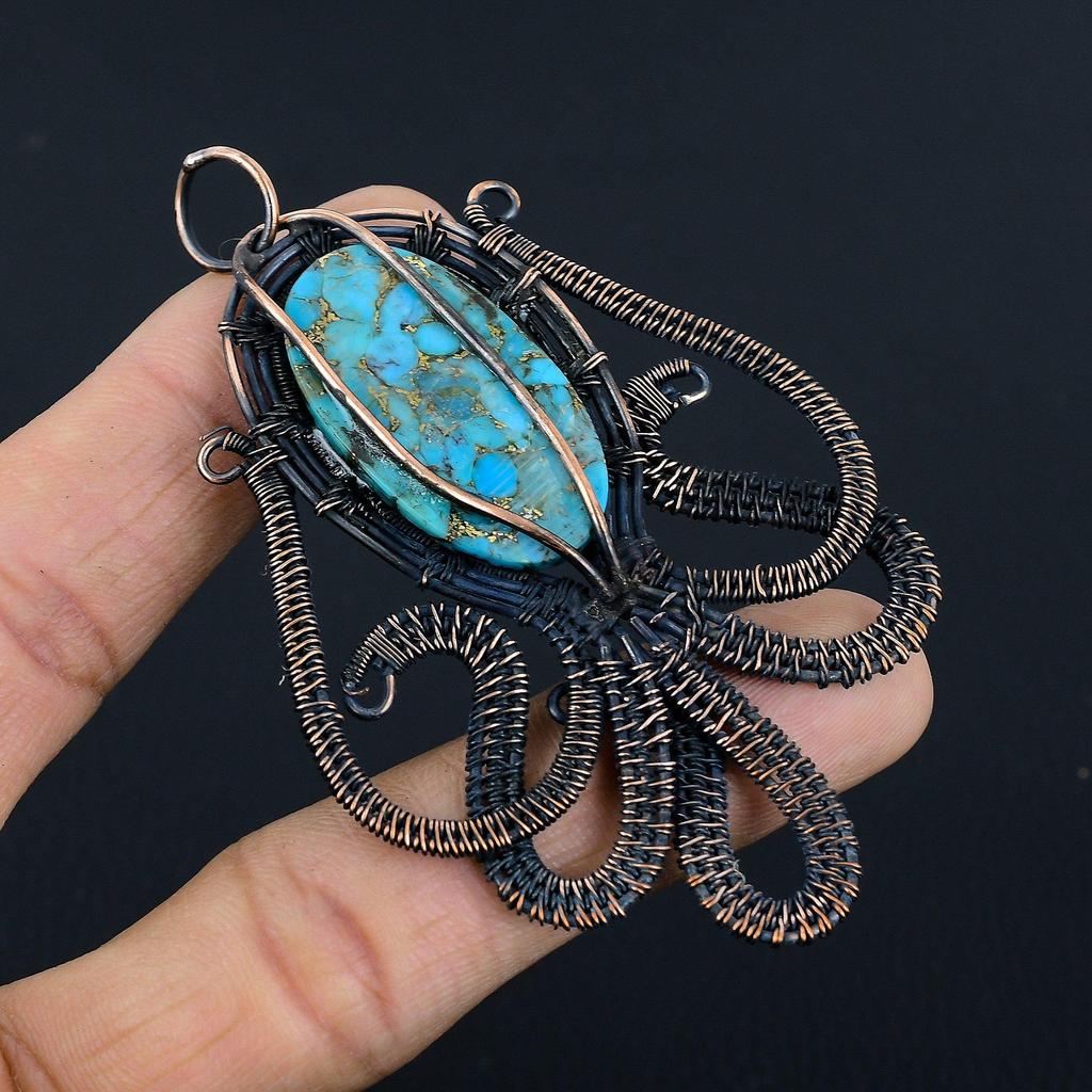 Copper Turquoise 999 Copper Wire Wrapped Pendant, Handmade Pendant Gemstone Jewelry, Gifts For Wife Brand New Pendant