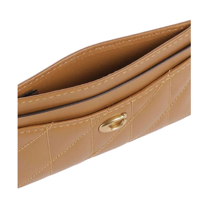 Coach Card Case 11 Gold Logo Striped Stitch Napa Leather Women Card Case Brown CM434-B4T7J