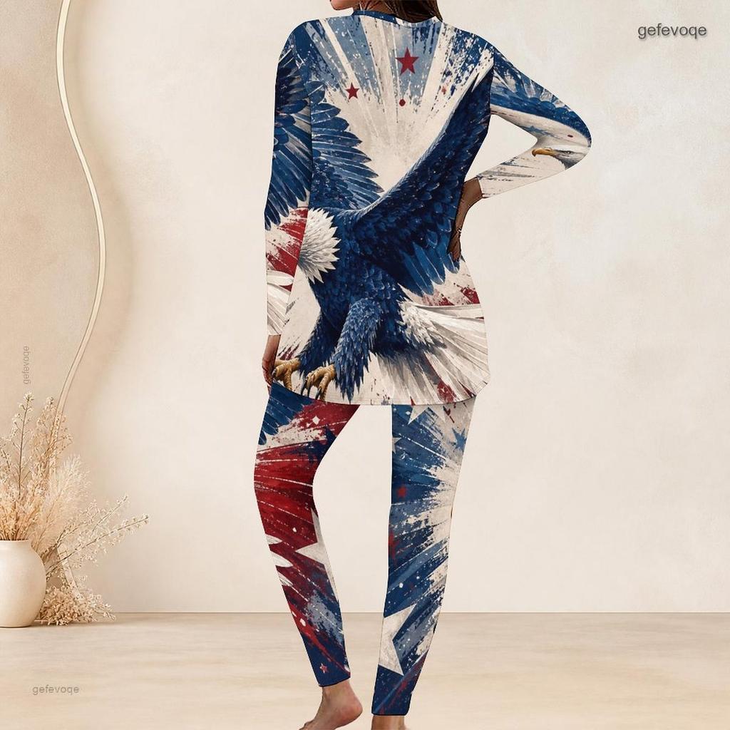 Women Plus Size Navy Blue Fireworks Printed Round Neck Long Sleeve Longline Top Fitted Pants Two Piece Set