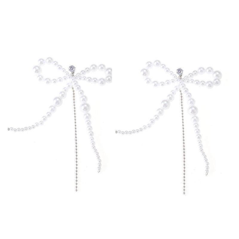 Retro Trend Imitation Pearl Earrings Niche Irregular Bow Chain Fringed Beaded Stud Earrings Women