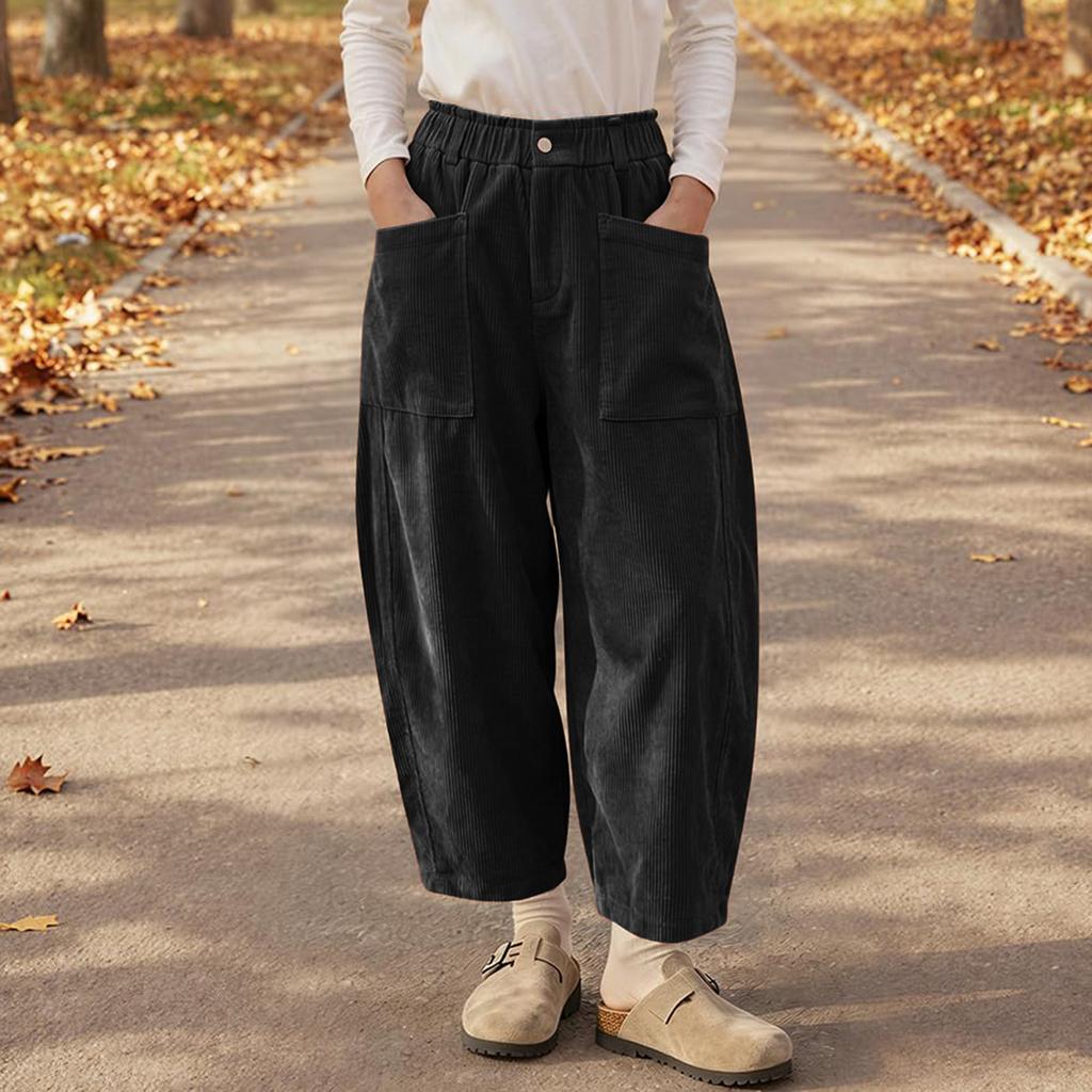 Women's Corduroy Pants with Elastic Waist, Loose Fit Casual Trousers for Everyday Wear