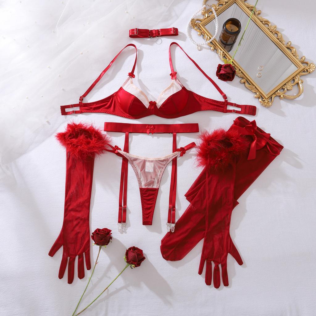 Women's Sexy Lingerie Set Red Shaping Bra Set Lingerie Set With Sheer Stockings & Gloves