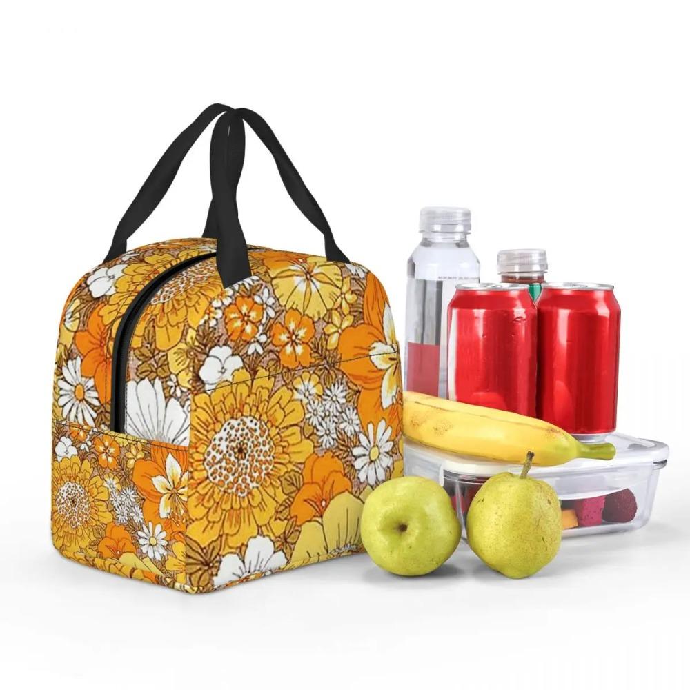 Orange And Yellow Flowers Pattern Insulated Lunch Bag for Women Children Leakproof Food Boxes Thermal Lunch Box Tote