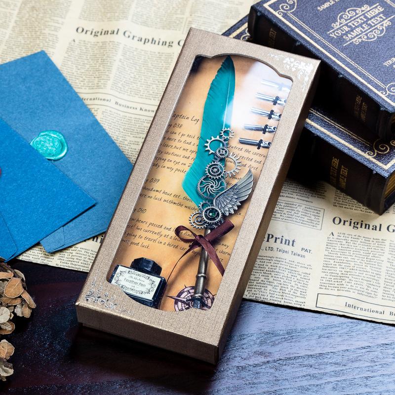 Retro Mechanical Calligraphy Feather Pen and Ink Set Glittering Quill Pen with Antique Dip Pen Metal Calligraphy Set with Ink