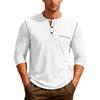 Men's White Contrast Stitch Henry Collar 3 Button Long Sleeve Pocket T-Shirt