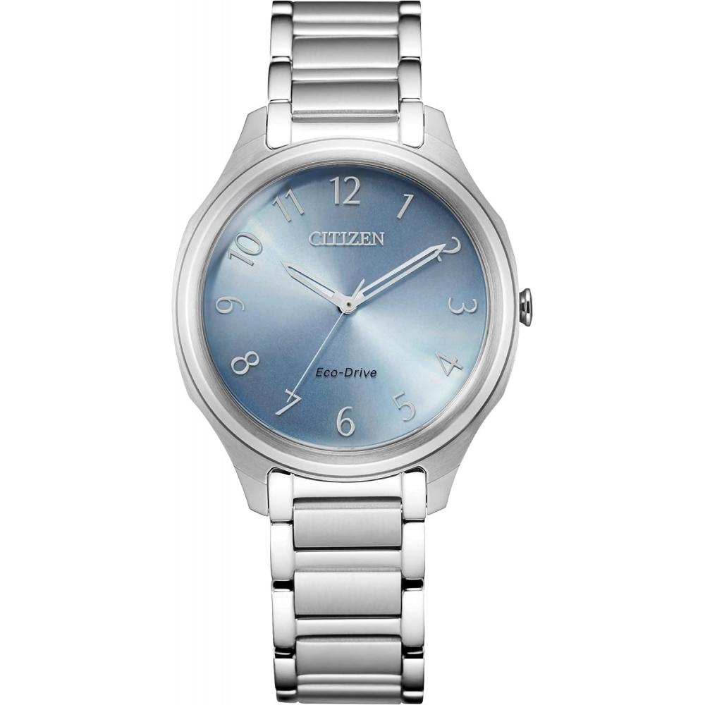 

Citizen Ladies Eco Drive Casual Quartz Watch Stainless Steel Silver Tone Model EM0750 50L Silver Bracelet Blue Dial