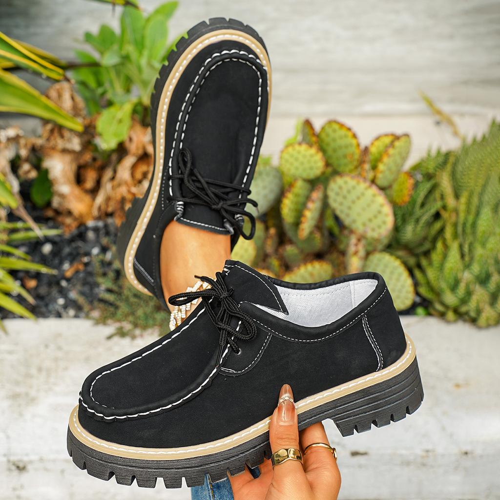 Woman Loafers Casual British Thick Heel Shoes Round Toe Rubber Outsole Sneakers Women Retro Autumn Large Size Shoes Ladies