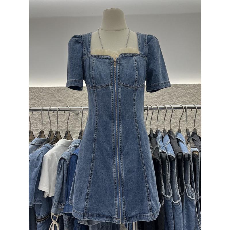 2025 Summer Women's Lace Denim Short Dress - Age-Reducing Design, Slimming Tummy Control, Thin Style