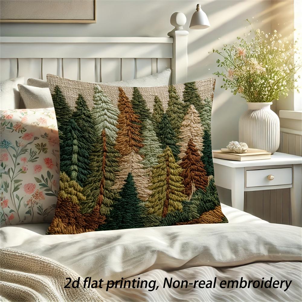 Pine Tree Forest Pillow Cover 2D Embroidered Print Woodland Mountain Cushion Case For Sofa Bed Couch Rustic Cabin Home Decor