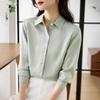Women's Ash Blue Satin Long Sleeve Shirt - Retro Hong Kong Style, Spring Commute, Concealed Placket, Versatile Drapey Blouse