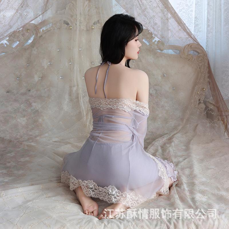 

Sexy nightdress big butterfly neck suspender skirt mesh robe set women s pajamas Douyin popular home nightdress m (35-47.5kg)