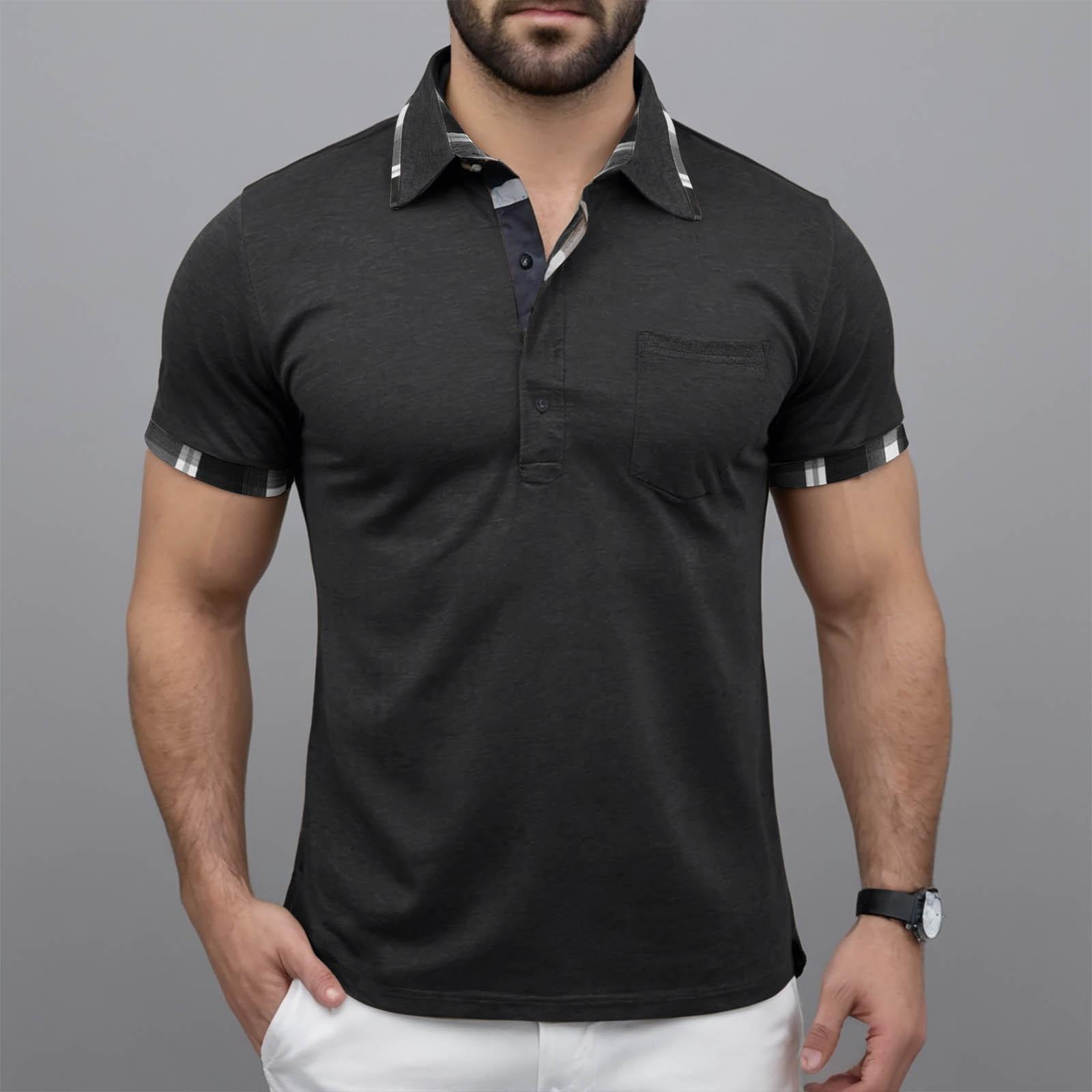 

Мужская клетчатая рубашка поло с коротким рукавом и лацканами, повседневные поло с лацканами, футболки с коротким рукавом для мужчин M чёрный