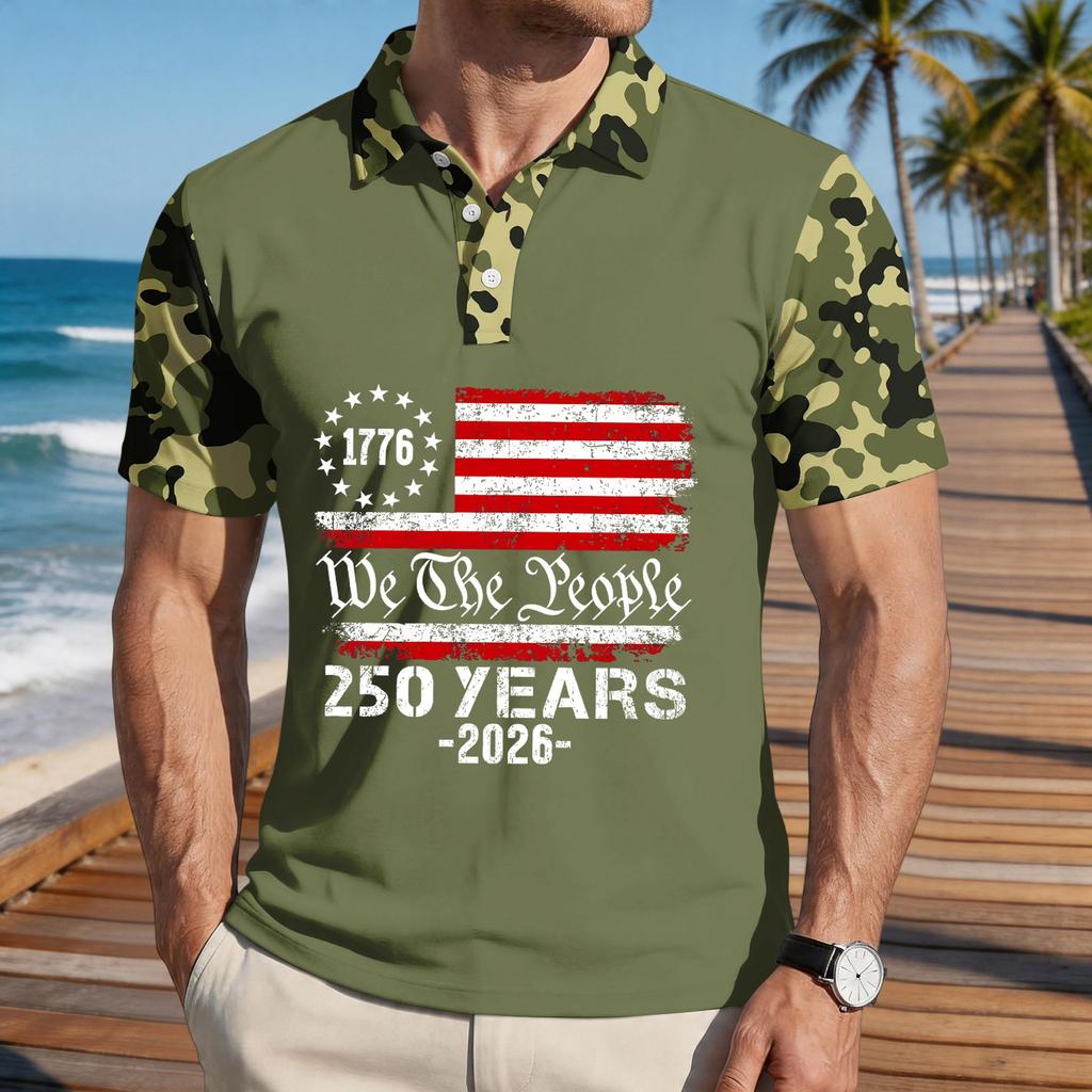 Men's Loose Fit Casual Short Sleeve Polo Shirt with Digital Camouflage Sleeves and Printed Flag Graphic 250 Years Commemorative Design