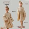 Spring 2026 Korean Forest-Style Floral Print Dress with Pleated Stand Collar, Puff Long Sleeves, and Lace Accents for Girls