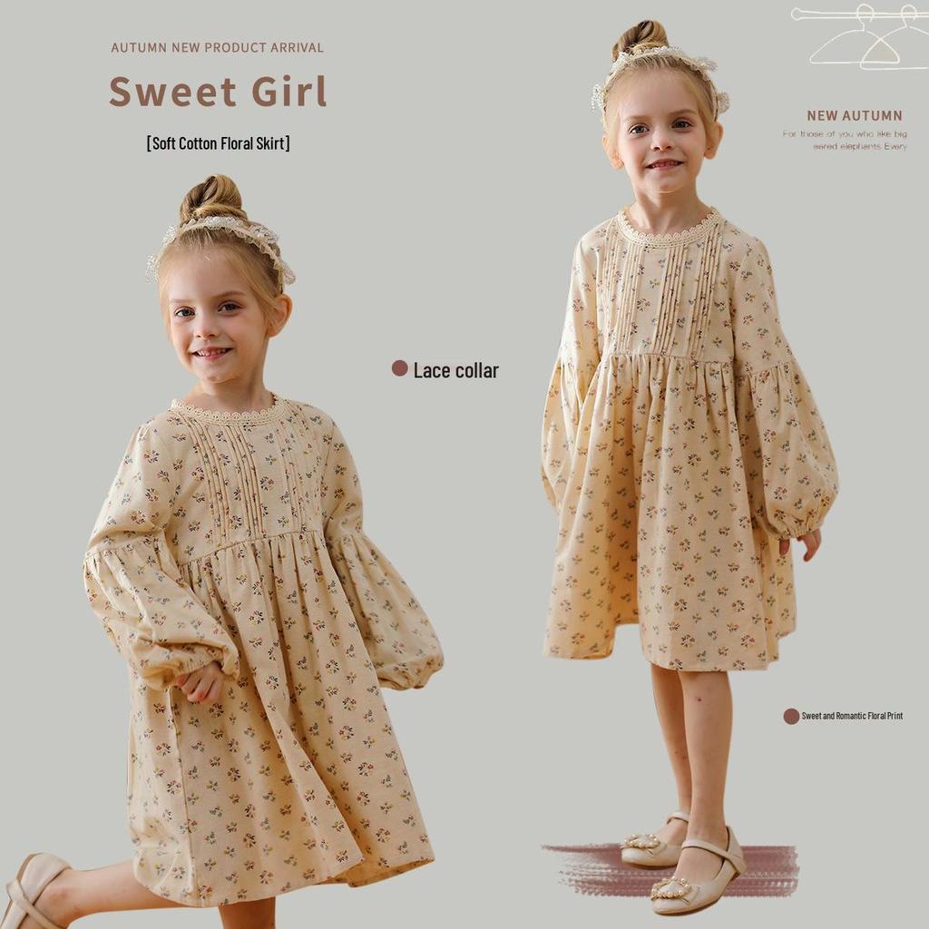 Spring 2026 Korean Forest-Style Floral Print Dress with Pleated Stand Collar, Puff Long Sleeves, and Lace Accents for Girls