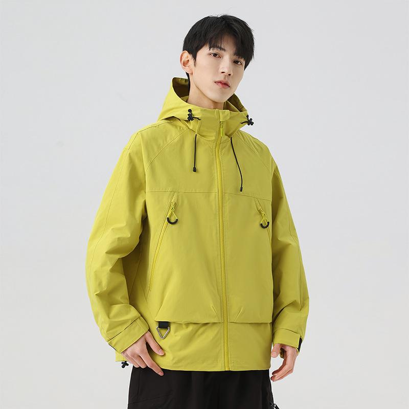 Outdoor Waterproof Hooded Spring Japanese Velcro Badge Couple Work Jacket Men Zipper