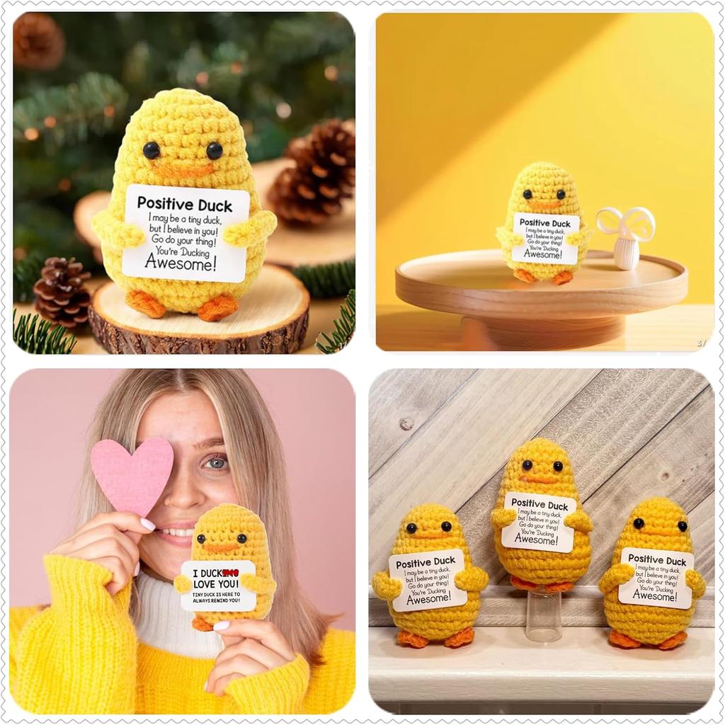 Positive Energy Duck Doll Hug Pocket Mini Handmade Plush Wool Knitting Dolls Funny Emotional Support Crochet Gift for Birthday