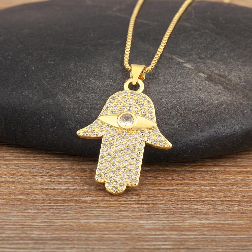 Nidin New Fashion Lucky Palm Shape Evil Eye Pave Zircon Charm Pendant Necklace 4 Styles Girl Clavicle Chain Accessories Gifts