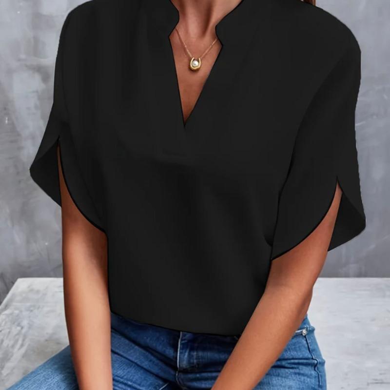 BITCED Women's Fashion Casual Solid Color Print Short Sleeve V Neck Blouses & Shirts International Design