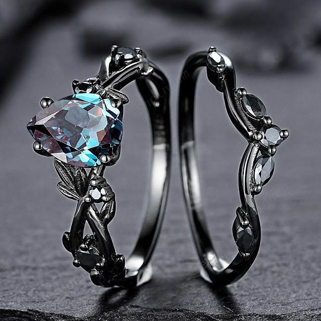 Pistolen-Schwarz & Seeblau Diamant Partnerringe - Europäischer & Amerikanischer INS Verlobungsschmuck für Damen