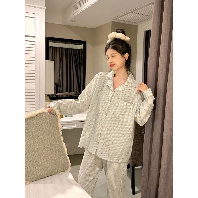 Women's Pajamas New Autumn Spring Long Sleeve Soft Sleepwear Set Grid Cartoon Pyjama Woman Home Nightwear Set Cardigan