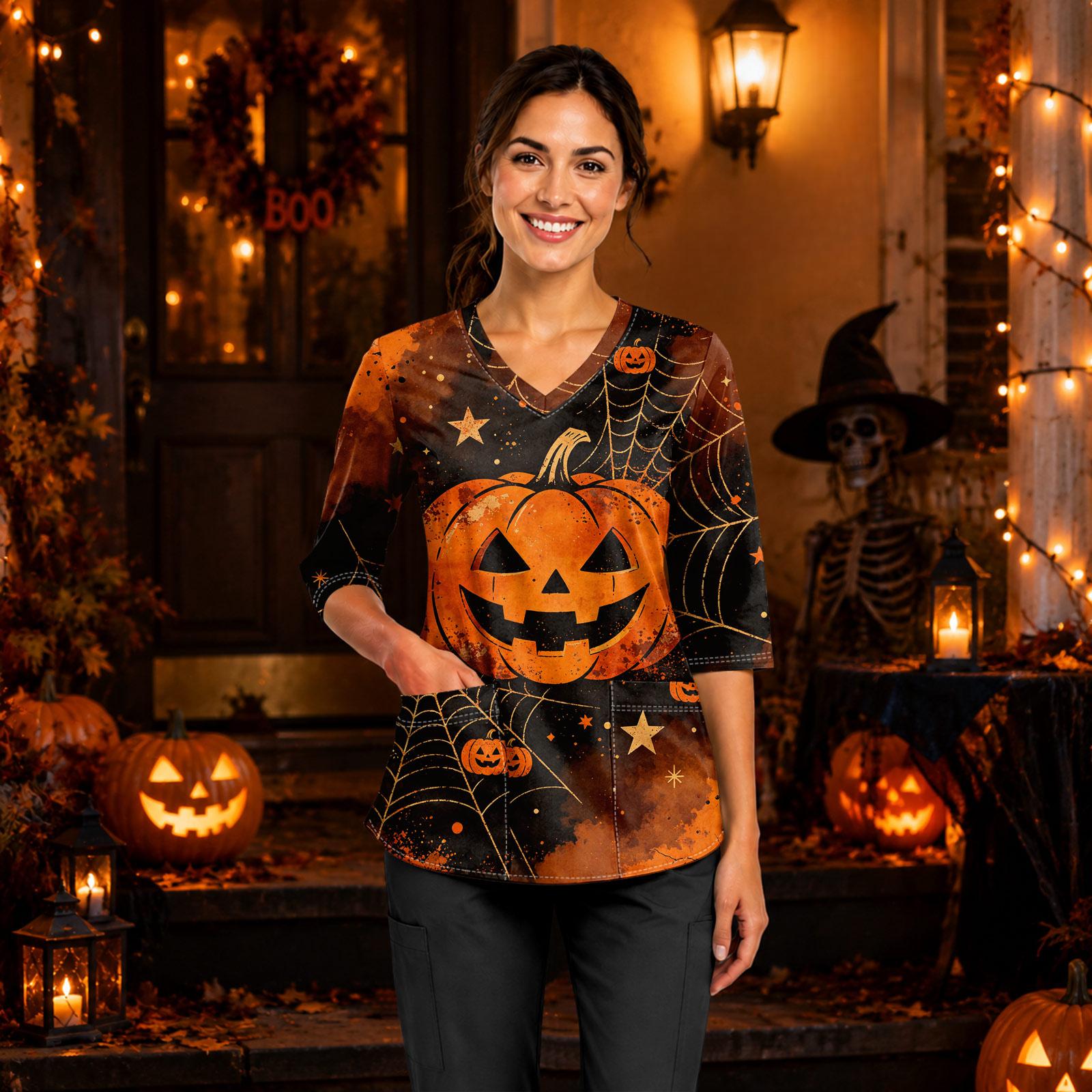 Women s Halloween Print V-Neck Costume Top with Pockets, Three-Quarter Sleeves XXL