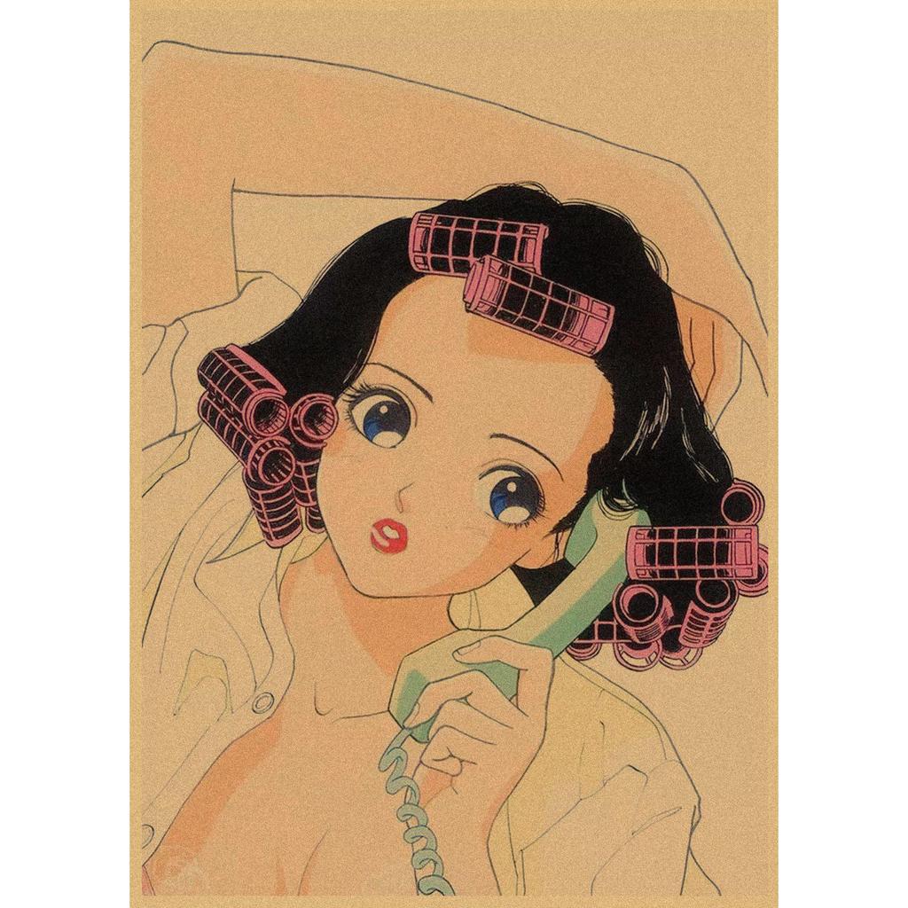 Sakura Diaries Retro Kraftpapier Manga Illustration Wandkunst
