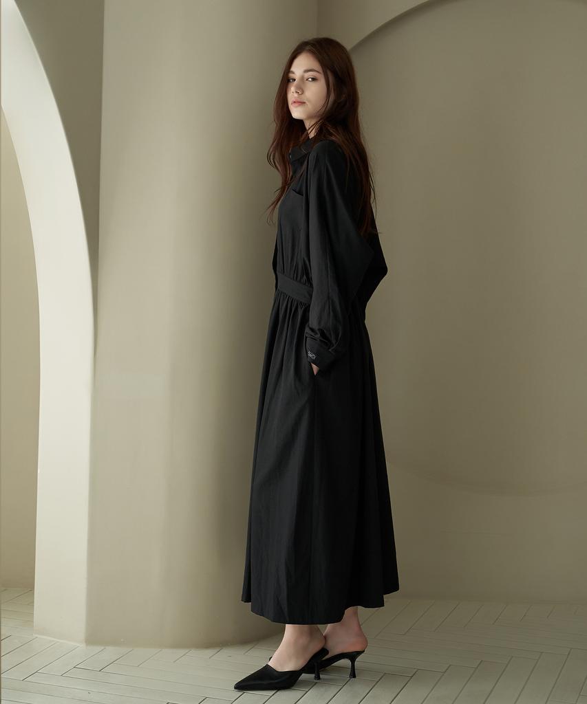 Dijainowol Collar Shirred Long Maxi Dress_Black