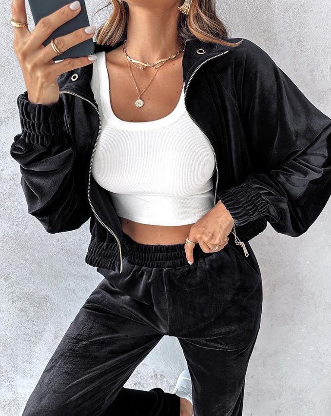 Women's Autumn 2024 Gold Velvet Cropped Top & Long Sleeve Pants Casual Set