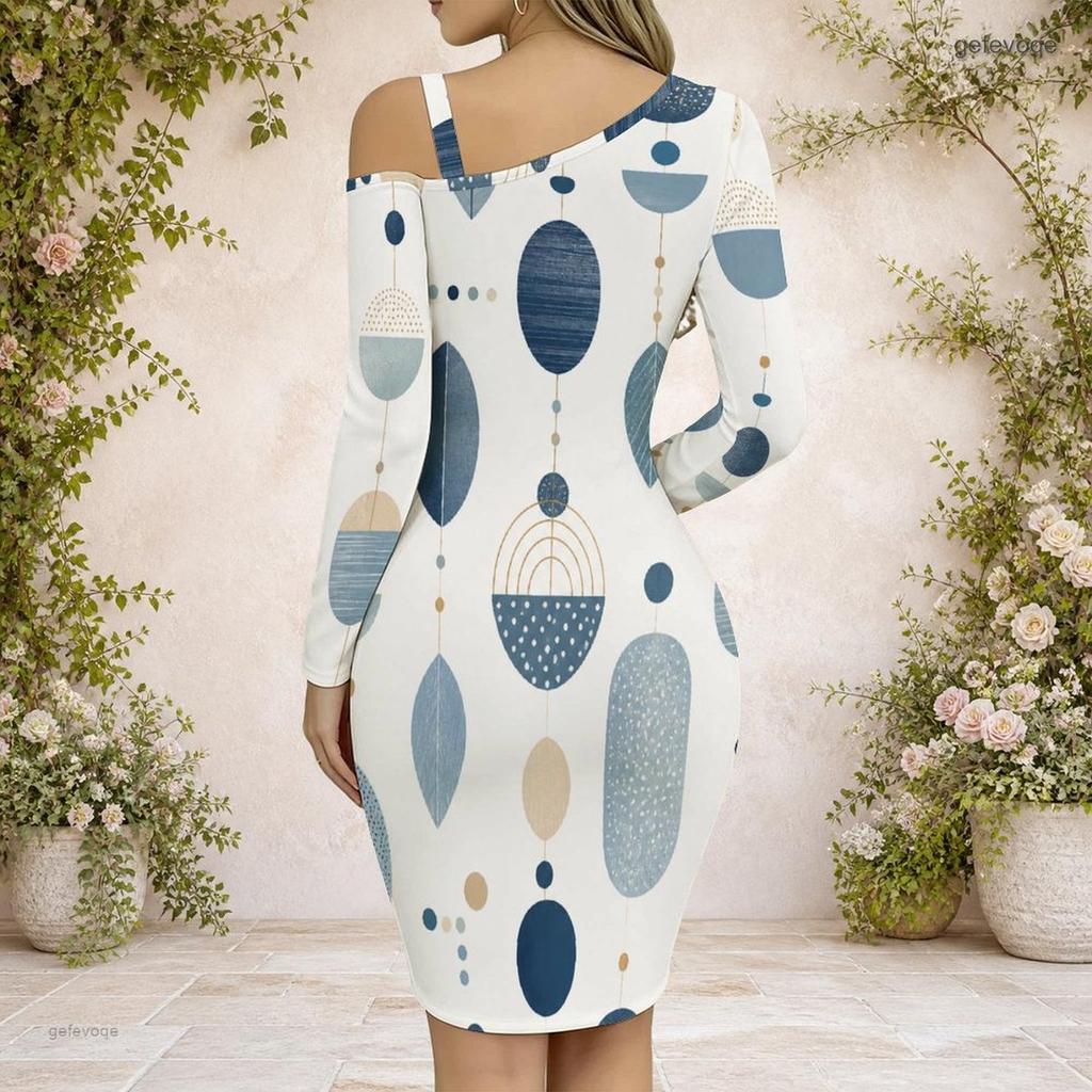 Women S Plus Size Chain Strap Cold Shoulder Long Sleeve Printed Asymmetrical Bodycon Dress