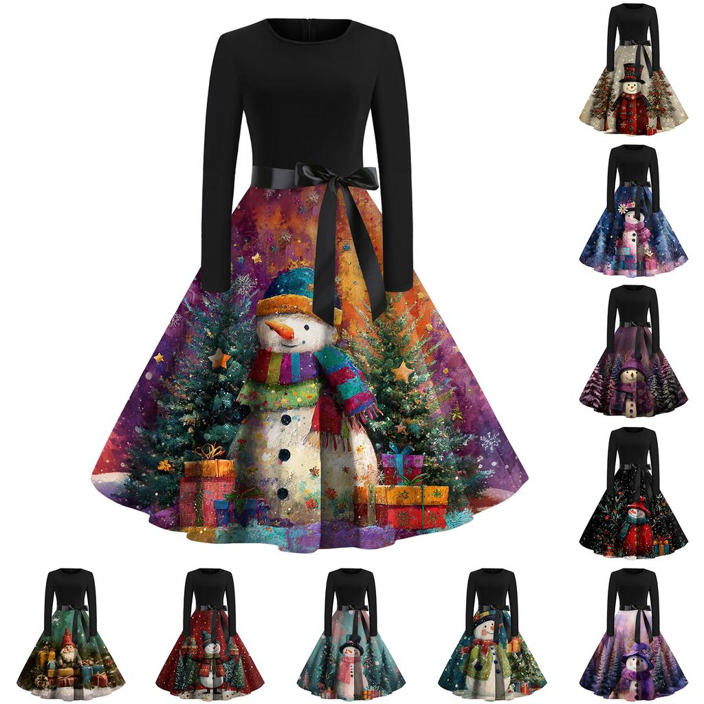 Dámské módní kulaté ležérní slim fit šaty s vánočním potiskem, velké kolové, s dlouhým rukávem