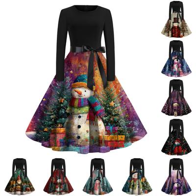 Damenmode Rundhals Lässig Slim Fit Weihnachtsdruck Weit schwingendes Langarmkleid