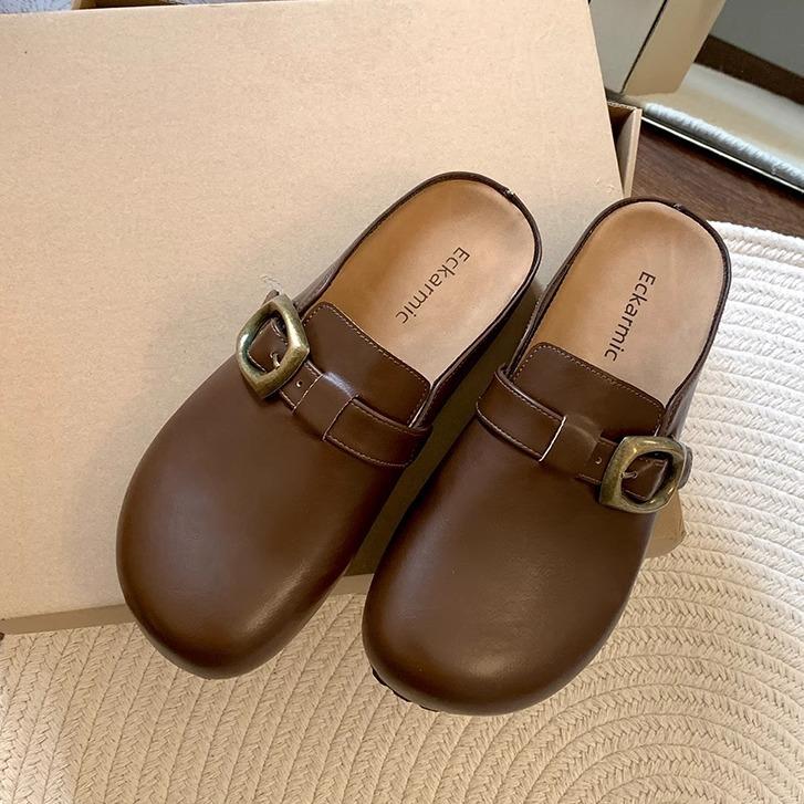 Fashion and lightweight retro brown inner height-increasing flat-soled Birkenstocks women's 2025 new spring and autumn one-pedal bag head slippers