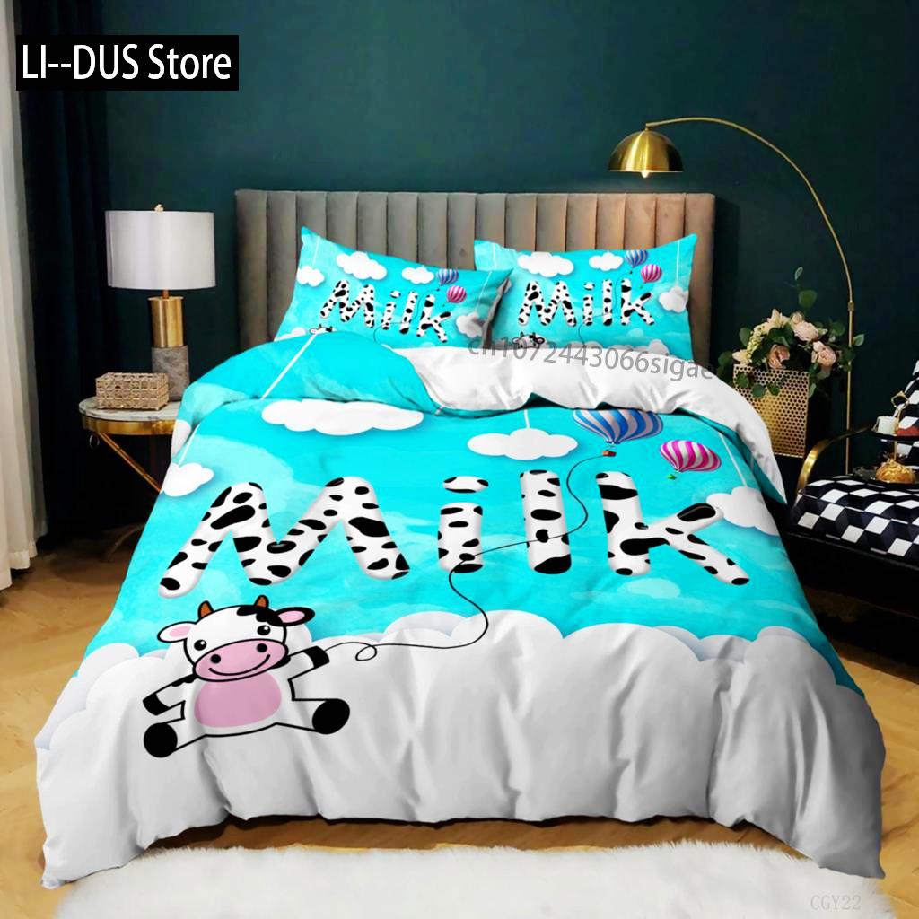 Cow Duvet Cover Set King Size Milk Cows Animal Bedding Set Microfiber Blue Sky And White Clouds Balloon Farm Theme Quilt Cover