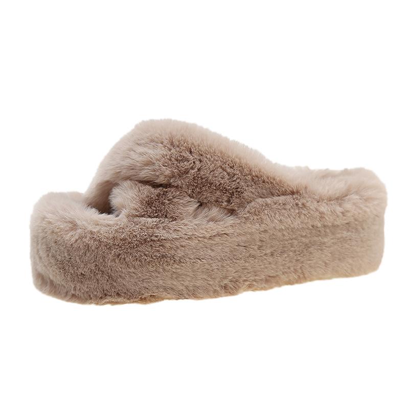 Fairy Wind Thick-soled Fluffy Slippers Female 2025 Autumn and Winter New Round Head High Heel One-letter Women's Cotton Slippers