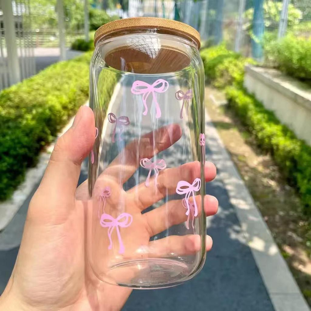 Bow Glass Cup with Lid and Straw 500ml Cute Bow Bottle Drinking Mug for Iced Coffee Cocktail Tea Drinking Water Teen Girls Home