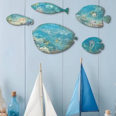 5 Stuks Houten Vissen Nautisch Wanddecor Rustiek Blauwe Vissen Houten Wandkunst Kust Strand Hangend Beeld voor Huis Meerhuis Badkamer Decor