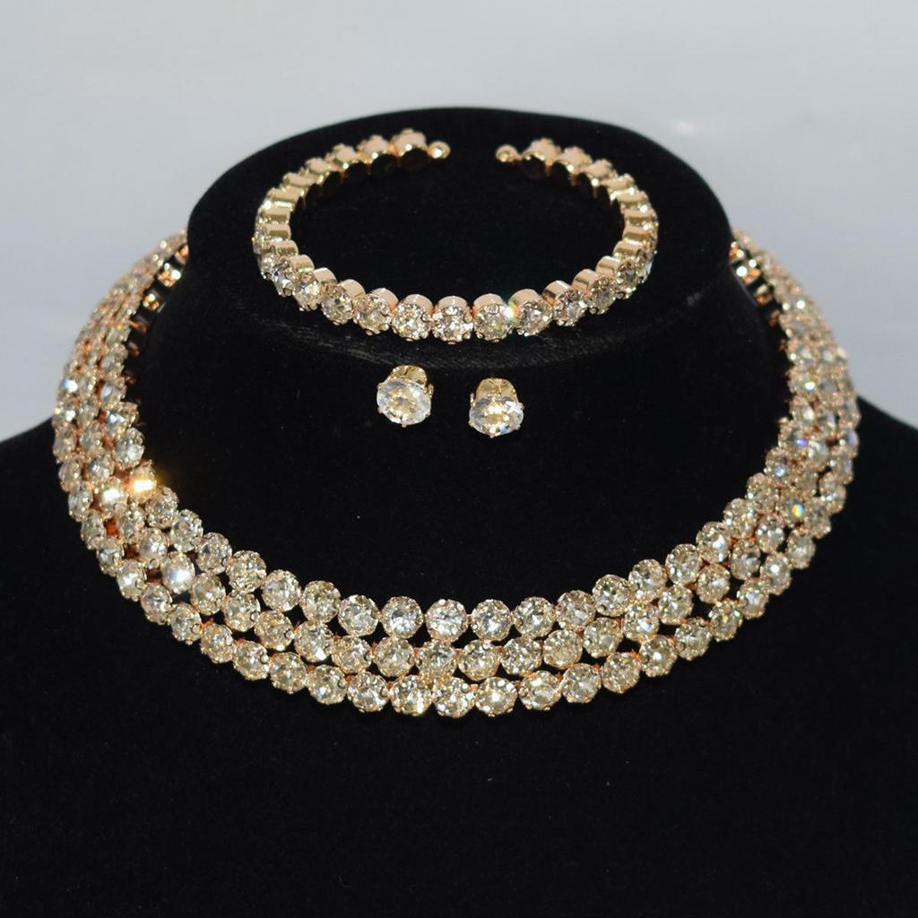Gold & Silver Rhinestone Jewelry Set: Choker, Bracelet, Stud Earrings, & Necklace