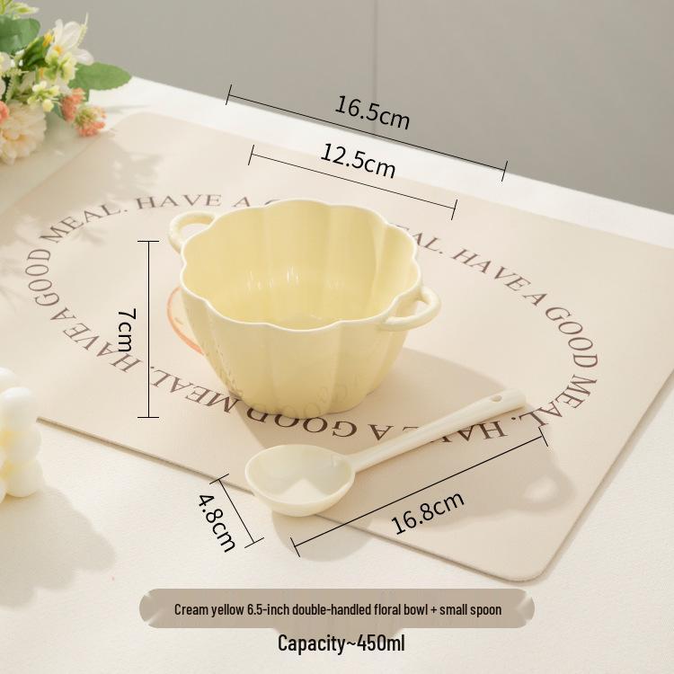 Cute Double-Handled Ceramic Bowl & Plate Set - Ideal for Instant Noodles, Soup, & More with Spoon & Chopsticks