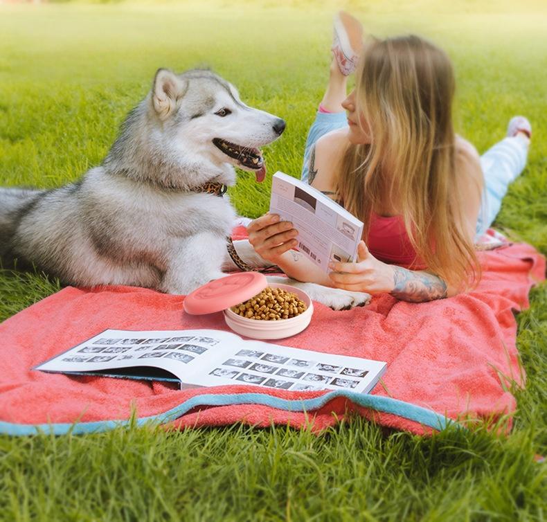 Portable Outdoor Pet Bowl 2-in-1 Travel Dog Food Water Dish with Treat Compartment for Hiking Camping