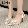Fashion Liyke Fashion Design Crystal Bowknot Women Pumps Sexy Mesh Pointed Toe High Heels Party Shoes Female Slingback Sandals White
