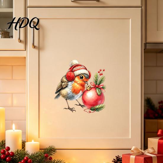 Decorative Bird Wall Art Christmas Sticker Cute Watercolor Decals with Wreath/Scarf/Hat/Ear Warmer PVC Waterproof Murals for Living Room Window