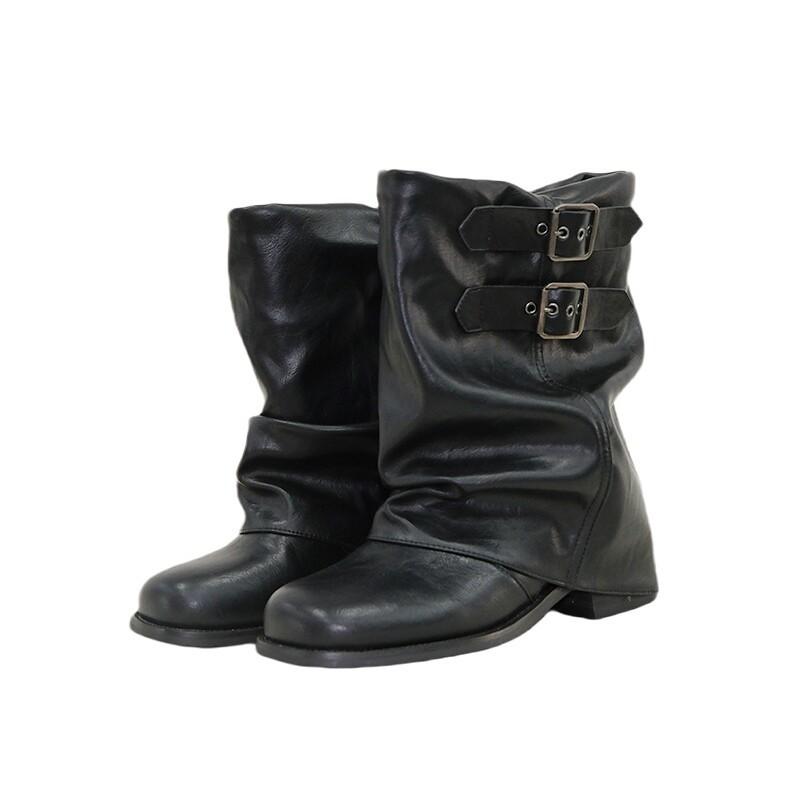 Pleated Pile Boots Women'S Year Black Maillard Medium Boots Women'S Leather Western Boots Locomotive Martin Boots