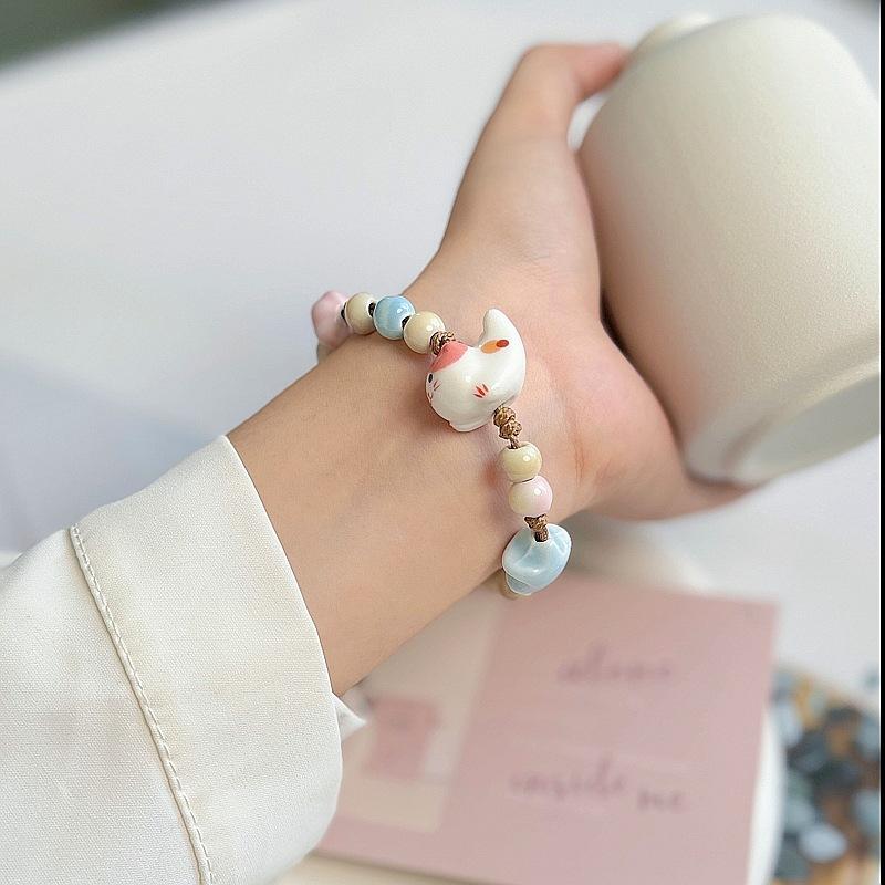 Jingdezhen ceramic cat bracelet hand-woven raw and popular fresh jewelry gifts Japanese and Korean sweet jewelry